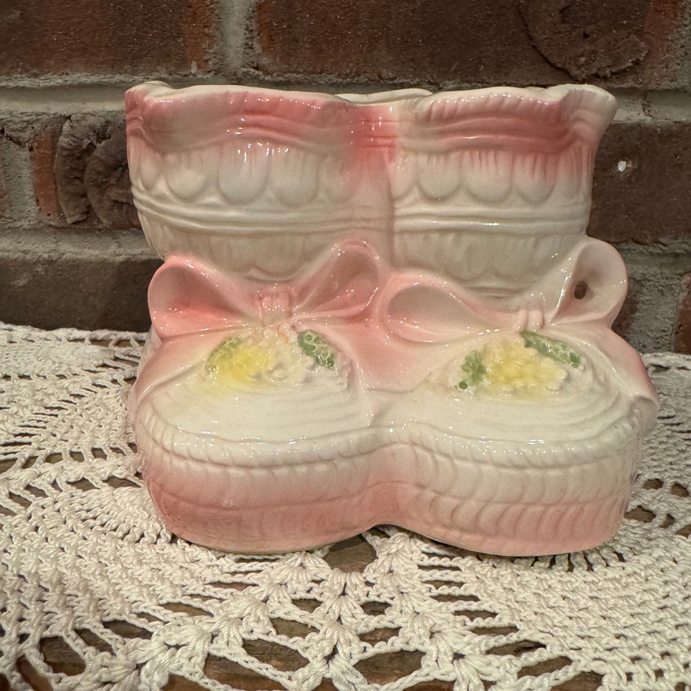 Vintage RELPO nursery decor storage planter pink baby booties Nancy Pew Giftware